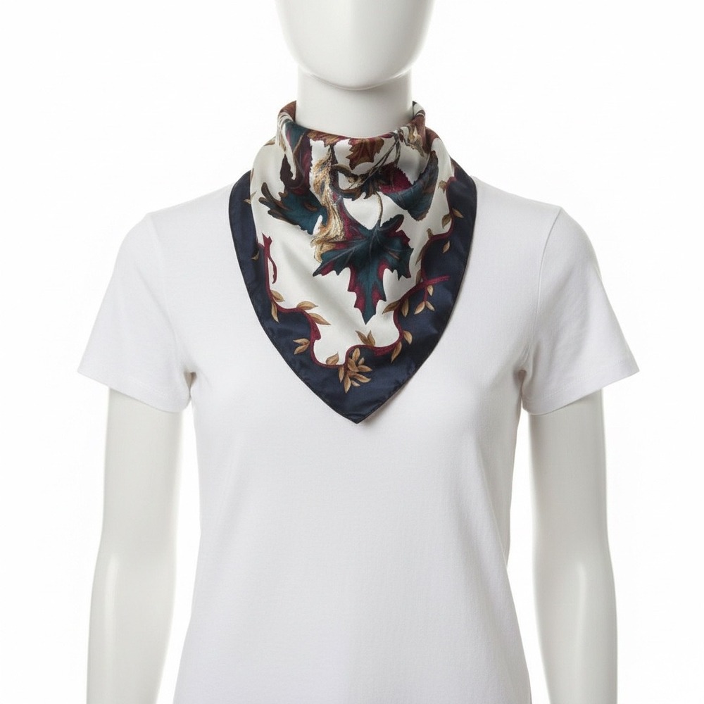 Air‎ Canada Vintage Silk Square Scarf Navy Blue Maple Leaf Botanical Print